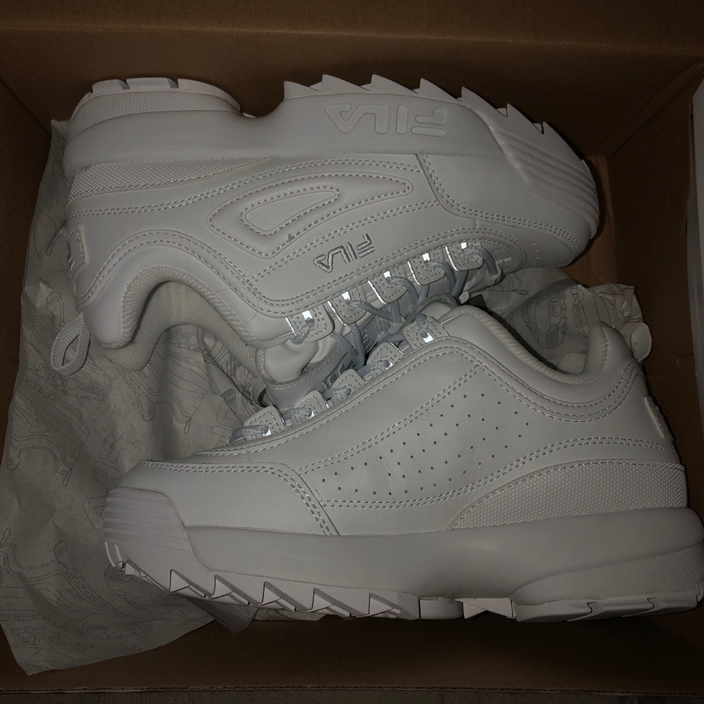 all white FILA disruptive sneakers never worn!!